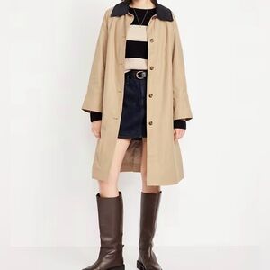 Tan Trench Coat with Dark Blue Corduroy Collar